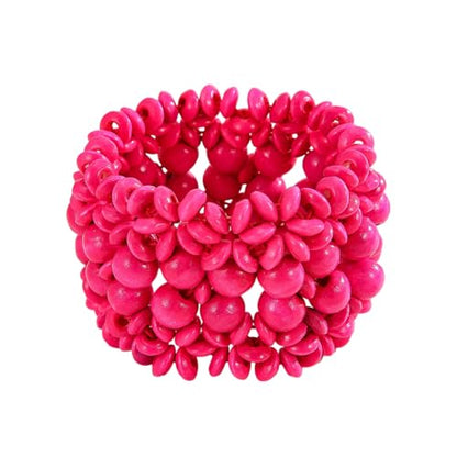 Handmade Wooden Bead Bohemian Elastic Stretch Bracelet Colorful Flower Pattern Design for Women Summer Beach Holiday Jewelry Lightweight - color: pink