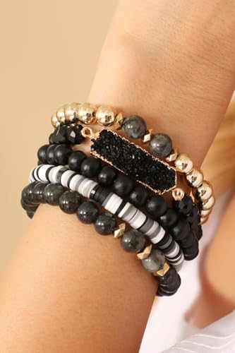 RIAH FASHION Bohemian Acrylic Druzy Multi-Layer Bead Statement Bracelet - Versatile Faux Stone Pendant Stretch Strand Stackable Cuff Bangle Set Sparkly Crystal - color: Long Druzy Multi Bead - 5 Layer Black
