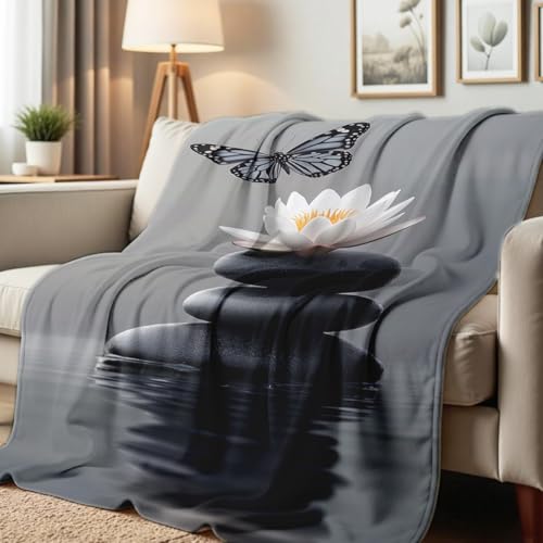 Zen Stones Print Blanket Lotus Flower Throw Flannel Blanket Zen Decor Bedding for Bed Sofa Office Yoga Room Meditation Spa Gifts (49"x59") - color: Black, size: 49"x59"