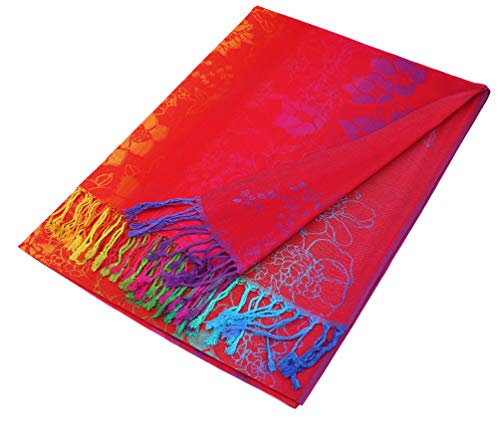 PASKMLNA Double Side Multi Colors Silky Tropical Colorful Exotic Pashmina Wrap Shawl Scarf Rave - color: 051-red Multi Feathers