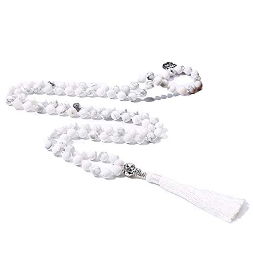108 Mala Beads Necklace Semi-Precious Gem Stones Meditation Necklace 108 Hand Knotted Japa Mala Beaded Tassel Necklace with Tree of Life Pendant - color: Natural White Howlite