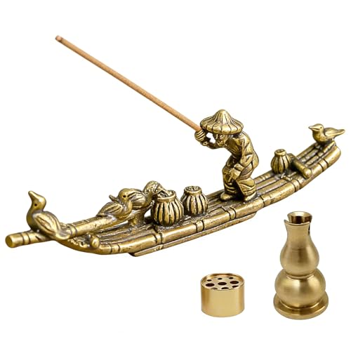 Vintage Solid Brass Bamboo Raft Fisherman Figurines, Incense Holder Zen Decor for Tea Table, Home Office Collectible Sculpture for Zen Enthusiasts Tea Lovers