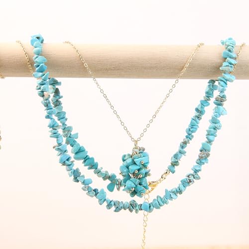2Pcs Crystal Necklace for Women Handmade Choker Necklaces Pendant Necklace Natural Stone Gemstone Beaded Necklace 18k Gold Plated Adjustable Dainty Necklace for Women - color: Turquoise