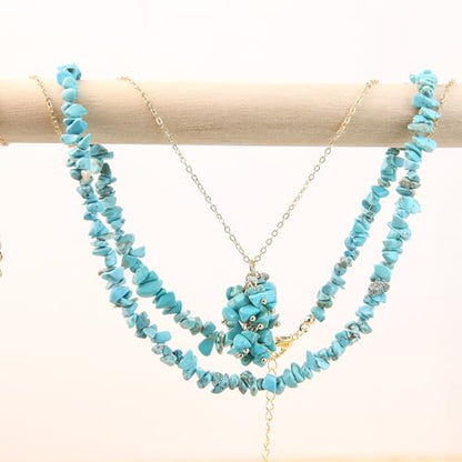 2Pcs Crystal Necklace for Women Handmade Choker Necklaces Pendant Necklace Natural Stone Gemstone Beaded Necklace 18k Gold Plated Adjustable Dainty Necklace for Women - color: Turquoise