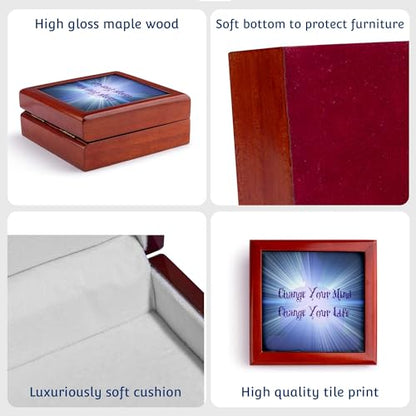 3dRose Meditation Blue Light- Change Your Mind, Change Your Life- Inspirational Jewelry Box 7 x 7 inch with 4 inch tile