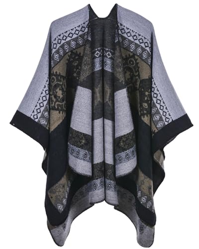 Women's Shawls and Wraps Open Front Poncho Cape Winter Sweater - color: N31-totem Black