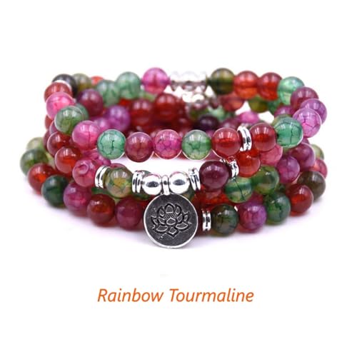 108 Mala Beads Bracelet Necklace - Gemstone Prayer Beads with Lotus Charm for Meditation & Yoga - style: Rainbow Tourmaline