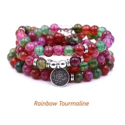 108 Mala Beads Bracelet Necklace - Gemstone Prayer Beads with Lotus Charm for Meditation & Yoga - style: Rainbow Tourmaline
