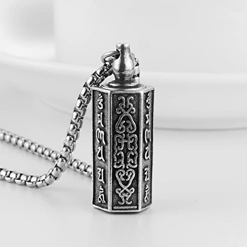 HZMAN Tibetan Buddhism Meditation Stainless Steel Pendant Commemorative Cremation Ashes Pill Cylinder Container Necklace 22+2 Inch Chain