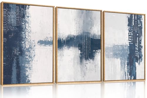 Celestdeco Large Abstract Navy Blue Grey Framed Canvas Wall Art Set,Modern Minimalist Wall Decor,Neutral Brush Stroke Artwork for Living Room,Bedroom,Dining Room,Office-16 x24 x3 - color: Blue White Wall Art, size: 16"L x 24"W