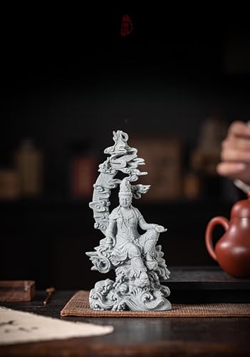 Water Moon Guanyin Zen Sculpture – Stone-Style Avalokiteshvara Statue Meditation Decor Tea Pet Buddhist Home Desktop Ornament