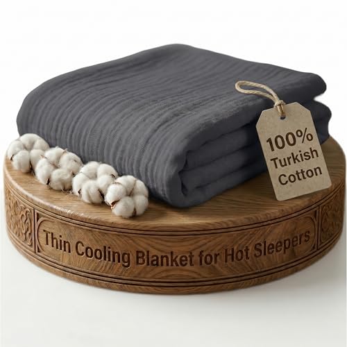 Goqan Muslin Blanket Twin 55x79 – 100% Turkish Cotton 4 Layer Boho Muslin Blanket for Adults, Four Season, Lightweight and Thin, Soft, Breathable - Dark Grey - color: Dark Grey, size: Twin (55"x79")