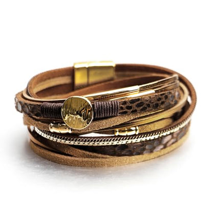 Fesciory Leopard Bracelet for Women, Boho Leather Wrap Multi-Layer Pearl Crystal Bracelet Bangle Jewelry - style: Disc(Brown)-Double Wrap