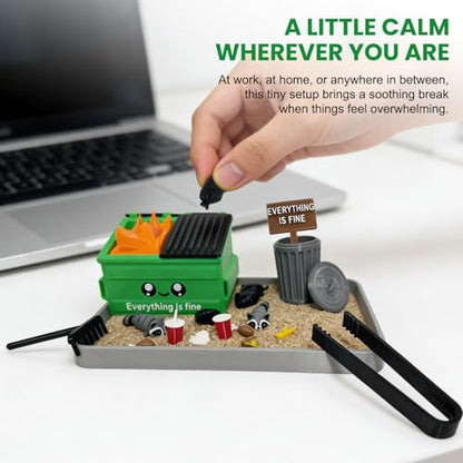 Dumpster Fire Zen Garden for Desk (Grey) - “Everything is Fine” Stress Relief Mini Garbage Sandbox Kit, Office Desktop Funny Decor Dark Humor Gag Gifts for Coworkers Friends