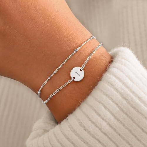 MONOZO Gold Initial Bracelets for Women Girls Jewelry Gifts Trendy - Dainty 18K Gold Plated Disc Monogram Letter A-Z Initial Bracelets for Women Girls Teens Personalized Letter Bracelet Birthday Gifts - color: Silver, style: I