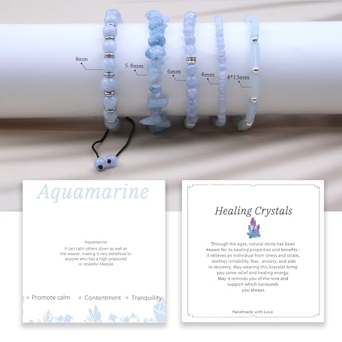 5Pcs Healing Crystal Bracelet for Women Men, Handmade Adjustable Gemstone Bracelets Beaded Reiki Energ Bracelet Set Jewelry Gifts for Women Men - color: Aquamarine