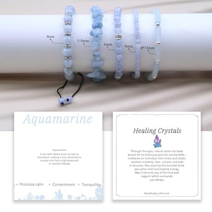 5Pcs Healing Crystal Bracelet for Women Men, Handmade Adjustable Gemstone Bracelets Beaded Reiki Energ Bracelet Set Jewelry Gifts for Women Men - color: Aquamarine