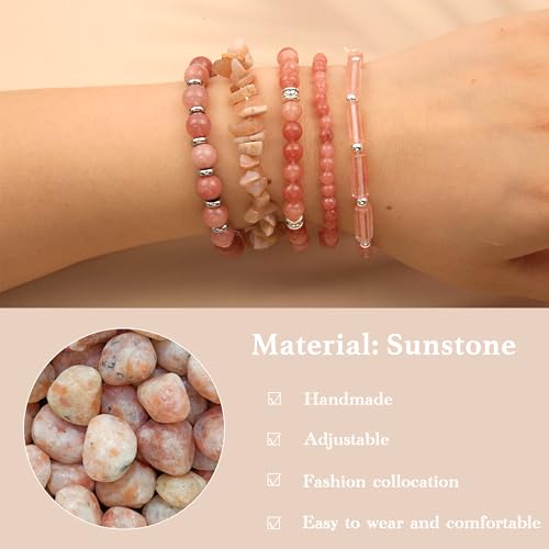 5Pcs Healing Crystal Bracelet for Women Men, Handmade Adjustable Gemstone Bracelets Beaded Reiki Energ Bracelet Set Jewelry Gifts for Women Men - color: Sunstone