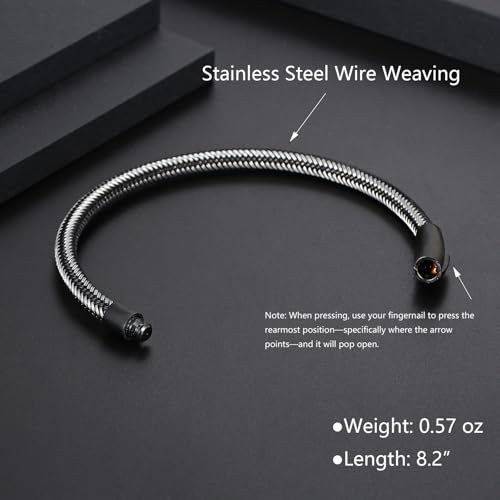 Men's Leather Bracelet, Stackable Stainless Steel Clasp Bracelets for Men Stylish Birthday, Thanksgiving, Valentine's Day Gift for My Man - style: 8.2" Silver and Black Cord