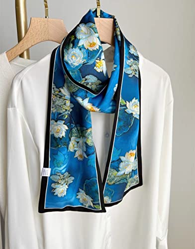 100% Silk Scarf for Women 59”*6.3” Long Shawls for Headscarf and Neck- Oblong Hair Wraps with Gift Packed - color: Water Lilies