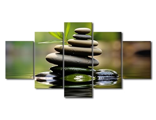 TUMOVO Wall Decor Zen Stones and Bamboo on The Water Pictures Paintings Zen Artwork Wall Art for Living Room 5 Pieces Prints on Canvas House Decor Giclee Framed Ready to Hang, 60" Wx32 H - color: Artwork-14, size: 60"Wx32"H