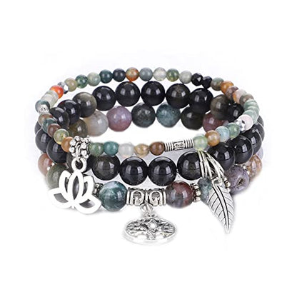 Tree of Life Yoga Healing Stone Bracelets,Multilayer Lotus Chakra Stone Reiki Bracelet Sets,Anxiety Crystal Natural Stone,for Women Stress Relief - style: Indian agate+golden obsidian