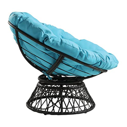 OSP Home Furnishings Wicker Papasan Chair with 360-Degree Swivel, Grey Frame with Blue Cushion