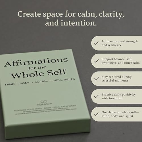 Abhaya Affirmations for the Whole Self, 26 Doubled-Sided Affirmation Cards, 12 Double Sided Bonus Financial Well-being Cards with Display Stand, Daily Affirmations for Inspiration, Mindfulness & Self Care, Unique Gifts for Women and Men