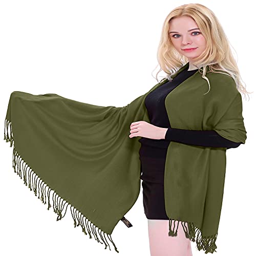 CJ Apparel Solid Color Tassels Design Nepalese Shawl Scarf Wrap Stole Throw Head Wrap Pashmina Gift Hand Made in Nepal New - color: Avocado Green