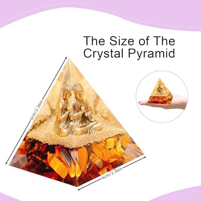Natural Tiger's Eye Stone Orgone Pyramid, Orgonite Crystal Healing Pyramid with Built-in Buddha Statue, Attract Wealth Success, Prosperity, Balance Chakra Used for Meditation & Healing, 6cm - color: Yellow2