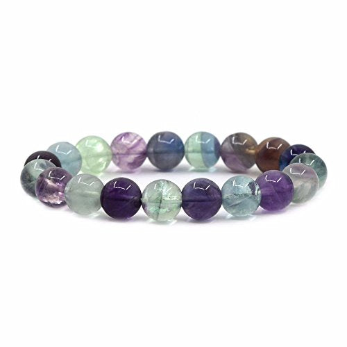 Justinstones Gem Semi Precious Gemstone 10mm Round Beads Stretch Bracelet 7 Inch Unisex - color: Multi-color Fluorite