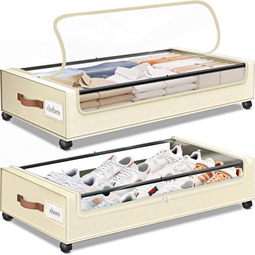 SpaceHacks Under Bed Storage with Wheels 2Pack Underbed Storage with Clear Window&Label Under Bed Drawers Large Capacity Rolling Under Bed Storage for Clothes,Shoes, Blankets (Beige) - color: Beige, size: 2 pack