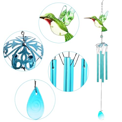Green Hummingbird Wind Chimes, Wind Chimes for Outdoor, 26" Glass Painted Mobile Romantic Chimes, Patio, Balcony, Garden Decoration, Gifts for Mom & Women