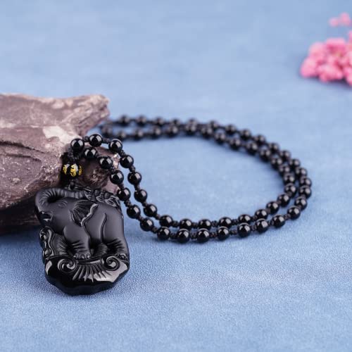 Black Obsidian Necklace Protection Pendant with Extended Bead Chain Healing Crystal Stone Amulet Necklace for Men Women - color: ElephantA