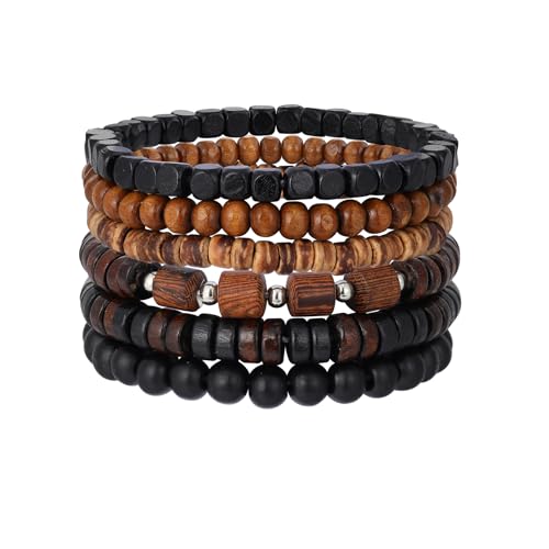 MILAKOO Mens Beaded Bracelets Tribal Wooden Elastic Adjustable Prayer Beads Wrap Cuff for Women - color: T: 6pcs