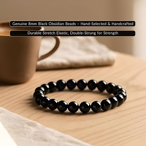Cherry Tree Collection Tigers Eye Bracelets Plus Over 40 Other Stones – Gemstone Beads for Men & Women, Promotes Protection, Courage, Focus, Balance & Luck – Available in S, M, L with 8mm Round Beads - color: Black Obsidian, size: Large
