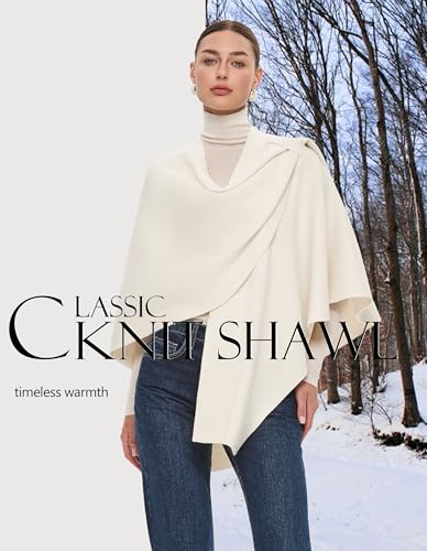 PULI Womens Large Cross Front Poncho Sweater Wrap Topper Knitted Elegant Shawls Cape for Fall Winter - color: Extra Warm Ivory White