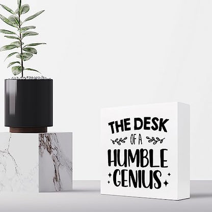 Funny Wooden Box Sign, Humble Genius Humorous Wooden Decor, Plaque for Home Farmhouse Office Desk Shelf - style: Humble