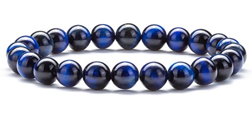 Men Women 8mm Natural Stone Lava Rock Diffuser Bracelet Elastic Yoga Agate Beads Bracelet Bangle - color: blue Tiger Eye