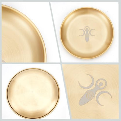 CREATCABIN Tarot Theme Altar Plate Moon Ritual Burning Candle Holder Bowls Offering Incense Aromatherapy Tray Ceremony Plate with Altar Card Home Decor for Witchcraft Wiccan Wedding Golden 5.55 Inch - style: Moon