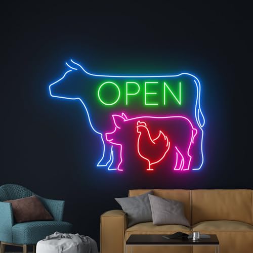 Butcher Shop Open Neon Sign, Cow Pig Chicken Farm Animals Neon Light, Open Welcome Wall Art Decor for Meat Market, Deli, Restaurant & Farmhouse Decor Korean Restaurant Steak House Barbeque Pig-16.9” x 12.4" - color: BBQ OPEN