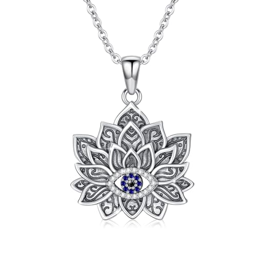 Evil Eye Necklace for Women 925 Sterling Silver, Protection Necklace with Blue Evil Eye Charm, Evil Eye/Lotus Pendant Jewelry, Birthday Christmas Gifts for Her - style: Lotus Evil Eye Necklace