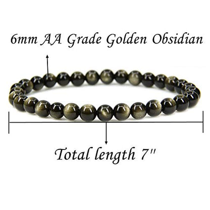 Angelstones Handmade Natural Healing Gemstone 6mm Round Beads Stretch Crystal Bracelet 7 Inch Unisex - color: Golden Obsidian