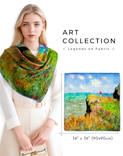 PoeticEHome Cashmere Scarf Wrap 36"x36" - Featherlight & Wrinkle-Free Artistic Square Shawl for Travel & Office, Gift Ready - color: Cliff Walk at Pourville - 36"