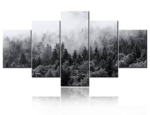 TUMOVO Large 5 Panel Foggy Forest Canvas Wall Art Black and White Landscape Pictures Modern Canvas Artwork Misty Woods Contemporary Nature Canvas Art for Home Office Wall Decor - 60" W x 32" H - color: Artwork-20, size: 60"W x 32"H