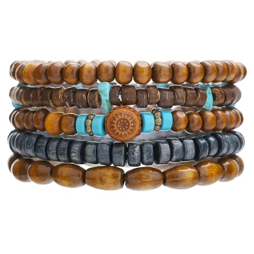 Puka Shell Bracelet for Men Wooden Bracelets Turquoise Stack Beaded Minimalist Trendy Jewelry for Friend Gift - style: 5pcs-Blue Brown