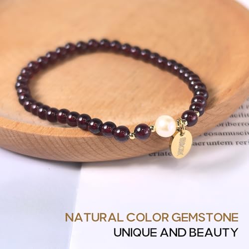 Morchic 4mm Natural Gemstone Beads Stretch Bracelet for Women, With Freshwater Pearls, Energy Gem Birthday Gift for Her 7.2” - color: Garnet