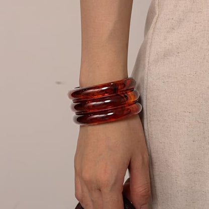 DATOA Minimalist Resin Open Cuff Bracelet Multi-Layered Neutral Tone Bangle, Statement Lightweight Jewelry for Women Men Everyday Wear & Gifting - color: Amber