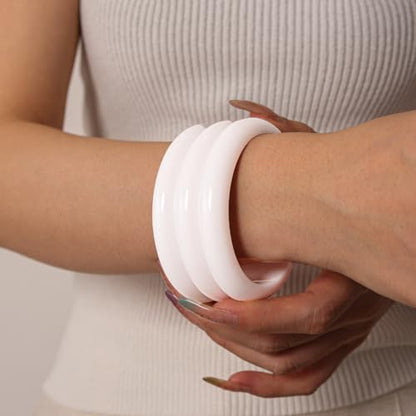 DATOA Minimalist Resin Open Cuff Bracelet Multi-Layered Neutral Tone Bangle, Statement Lightweight Jewelry for Women Men Everyday Wear & Gifting - color: White