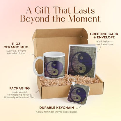 3dRose Yin Yang Inspirational Gift Set with Mug, Keychain, and Card - Purple Abstract Design for Spirituality Enthusiasts and Mindfulness Practice